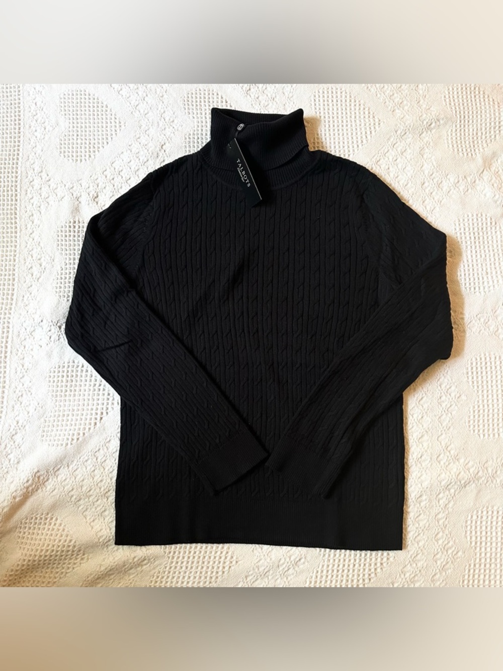 Talbots Turtleneck Sweater Womens Large Petite Black Cable Knit Pima Cotton NWT
